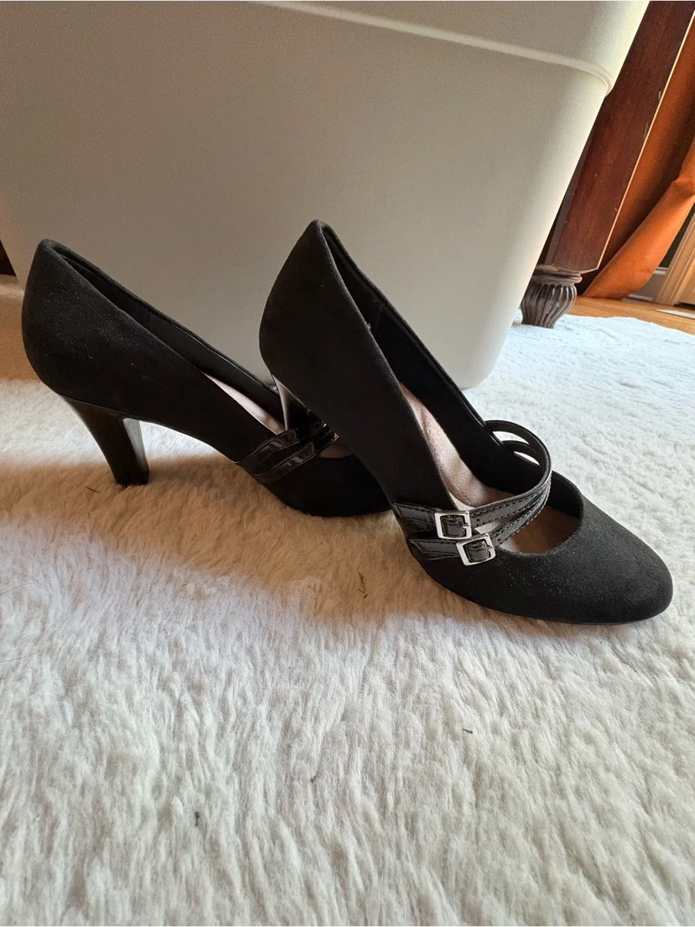 Giani Bernini Black Suede Double Buckle Mary Jane Heels
